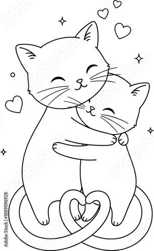 Black and white line art of cute cartoon cats hugging under a heart. Vector illustration for coloring page.