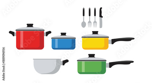 Assorted set of colorful kitchen cookware including pots pans and essential utensils for cooking and preparing delicious home meals.