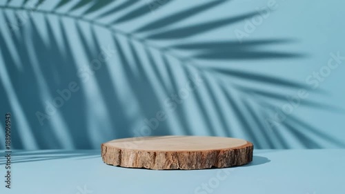 Wood Slice with Palm Shadow – Natural Contrast on Blue