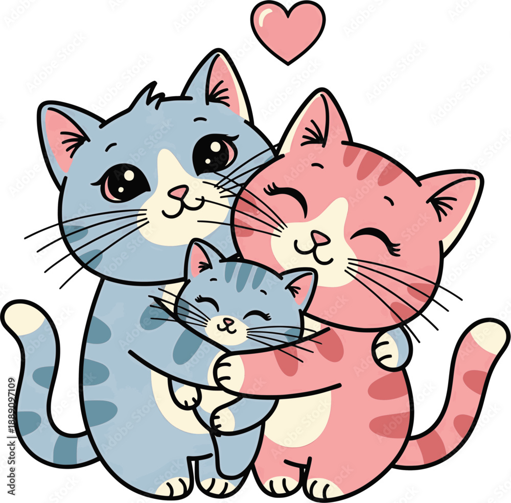 Fototapeta premium Kawaii cat couple hugging vector illustration. Isolated funny kittens characters.