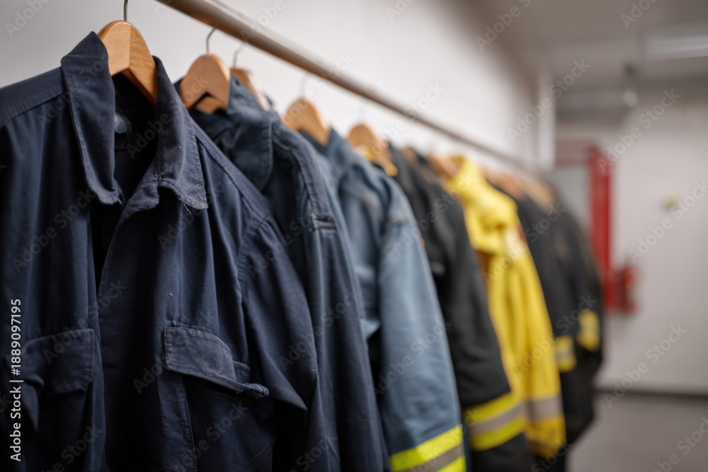 Obraz premium Row of hanging uniforms in fire station locker room