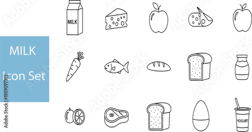 Print Minimalist Milk and Grocery Line Icon Set Featuring Dairy Products Fresh Fruit Vegetables Meat and Bakery Items