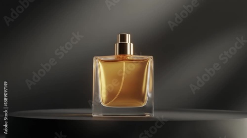 Golden Perfume Bottle on Dark Platform – Elegance in Light and Shadow