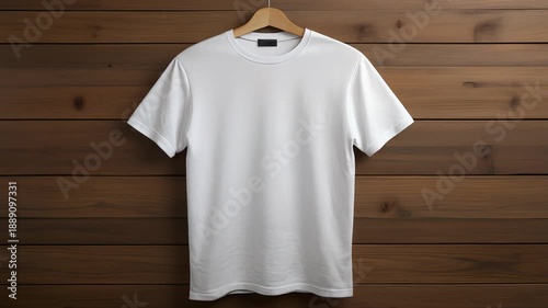 white T-Shirt on Wooden Hanger – Sleek Minimalism Meets Rustic Charm