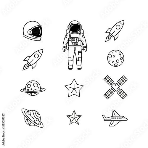 A collection of simple line art icons featuring an astronaut, rockets, planets, stars, a satellite, and an airplane, representing space and aviation.