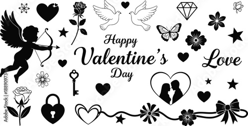 Black and white Valentine’s Day illustration with cupid, hearts, roses, and “Happy Valentine’s Day” text in romantic vector style for love themes.