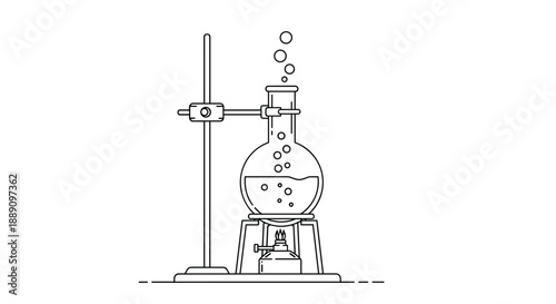 Black and white line drawing of a scientific laboratory flask boiling over a spirit burner with bubbles rising from the liquid inside.