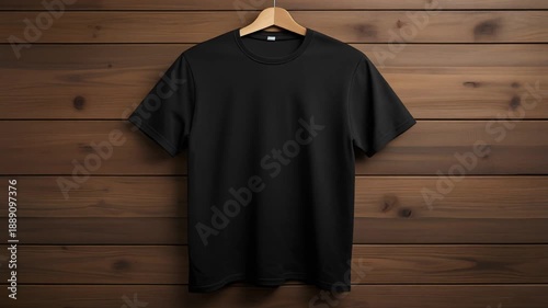 Black T-Shirt on Wooden Hanger – Sleek Minimalism Meets Rustic Charm