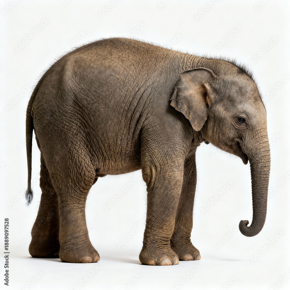 Obraz premium Majestic elephant standing alone with curled trunk on white background