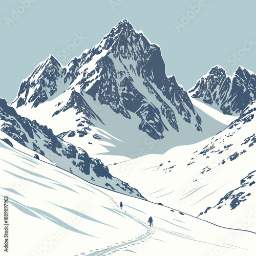 Skiers ascending snowy mountain peak