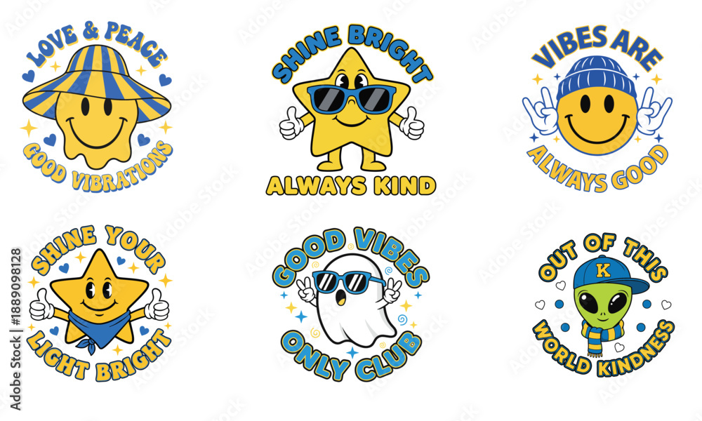 Fototapeta premium Colorful illustrations of happy cartoon characters spreading kindness and good vibes
