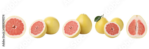 Whole and Halved Pink Grapefruit Fruits Isolated on White Background