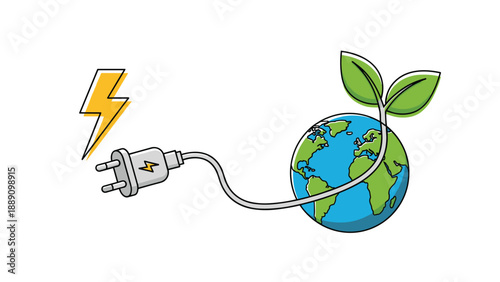 Global green energy illustration with earth connected to a power plug and a lightning bolt symbolizing renewable power.