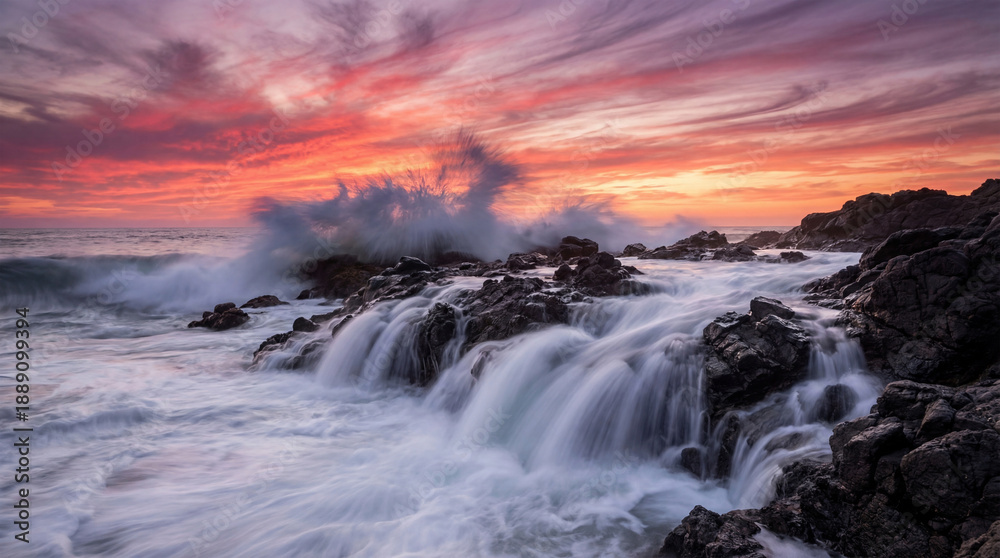 Fototapeta premium Dramatic Sunset over Rocky Coastline with Crashing Waves and Silky Water