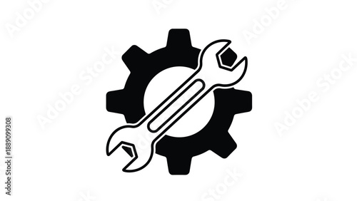 Mechanical repair and maintenance service icon shows black industrial gear with white wrench tool for engineering work.