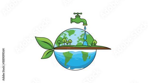 Environmental balance and water management icon shows earth with land and water split with dripping tap and green leaf.