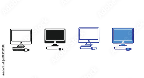 A series of four computer monitors with attached cables displayed in different color variations