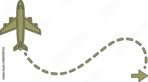 vector illustration The image features an olive-green airplane depicted in flight, showcasing its streamlined design and dynamic movement. Here are the key elements of the illustration: