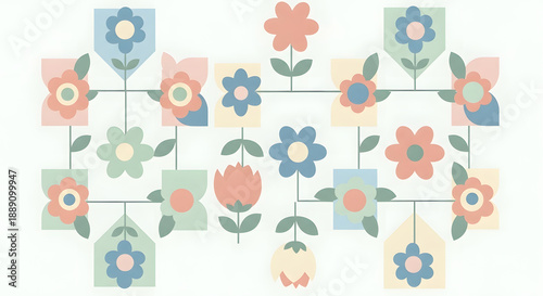 A charming and delightful floral pattern features colorful stylized blossoms and stems arranged in a repeating whimsical design
