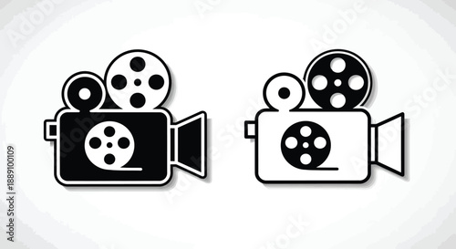 A simple illustration featuring two black and white film reel camera icons against a clean white background