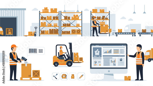 Illustration of warehouse workers engaged in logistics activities with a forklift and computer screen in an industrial setting with a clean and organized composition.
