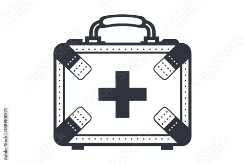 Isolated monochrome first aid kit features bandages applied to its corners on white