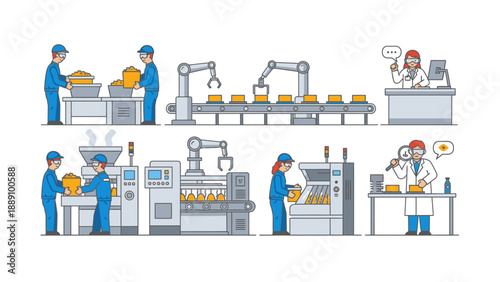 Illustration of factory workers and a quality control engineer in a manufacturing plant with industrial machinery and robotic arms, conveying a productive mood with a predominantly gray and