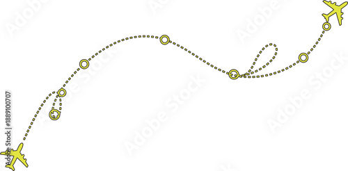 vector illustration The image showcases a whimsical representation of two cartoon airplanes connected by a winding dashed line, which symbolizes their flight path.