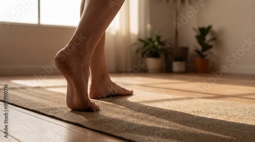 Bare feet walk on a rug, cr...