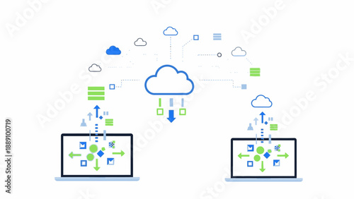 Illustration of two laptops syncing data with a cloud storage system, with various icons and symbols in a blue, green, and white color scheme on a white background.