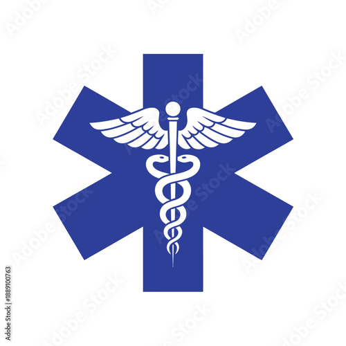 The star of life emblem with a caduceus symbol centered within it