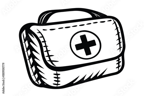 A single black and white drawing shows a medical kit with visible stitch details