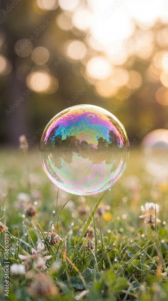 Fototapeta premium A delicate soap bubble, reflecting a kaleidoscope of colors, floats gently above a dewy meadow, kissed by the morning light. Capturing the ephemeral beauty of the moment.