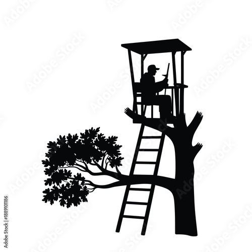 Silhouette of a hunter in a tree stand overlooking branches