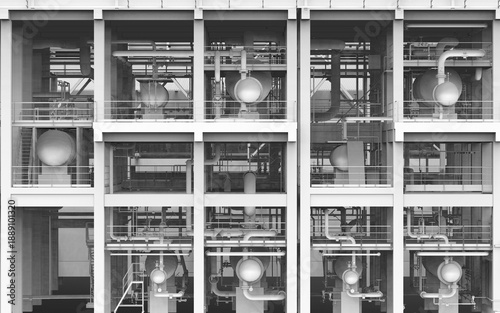 Digital twin of an industrial process plant interior with piping and vessels, 3D render cutaway section