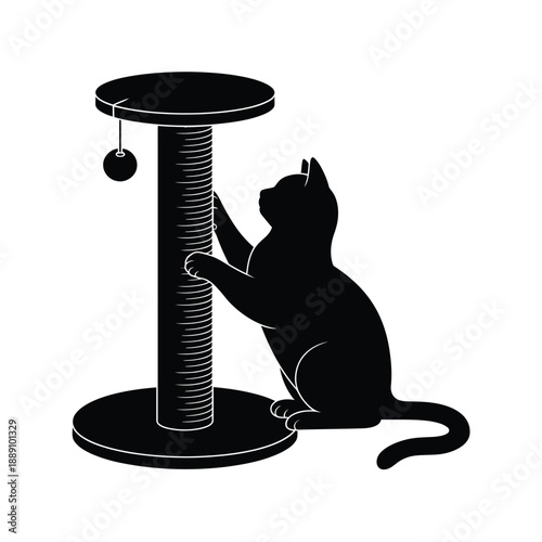 A black silhouette of a cat stretching on a scratching post
