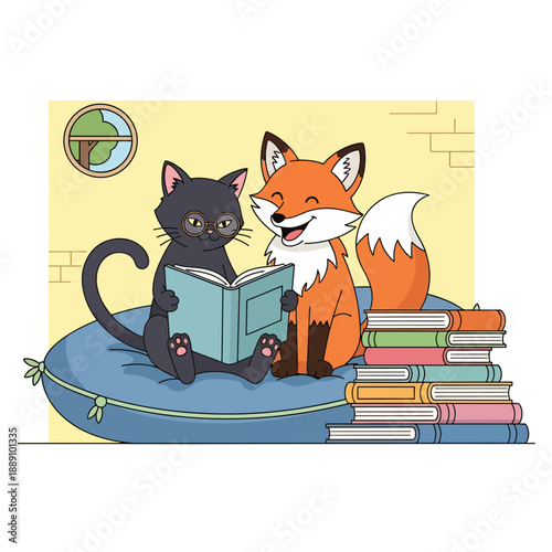 Cat and Fox Reading Together