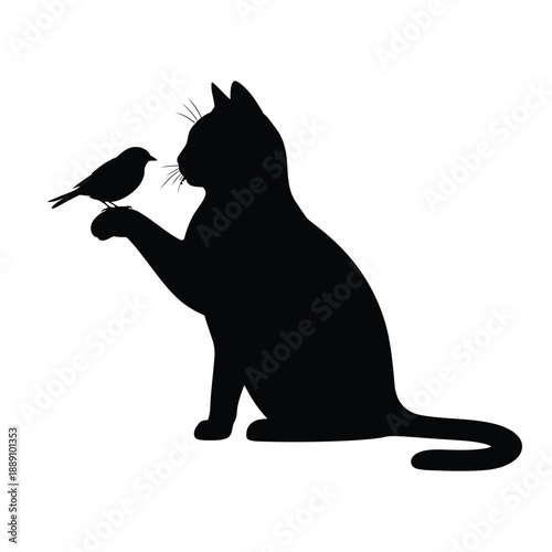 A curious cat pauses with a small bird perched on its paw