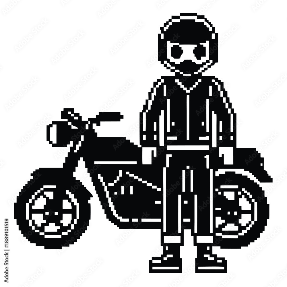 Naklejka premium Pixel Art 1-Bit Motorcycle Rider with Classic Bike Sprite