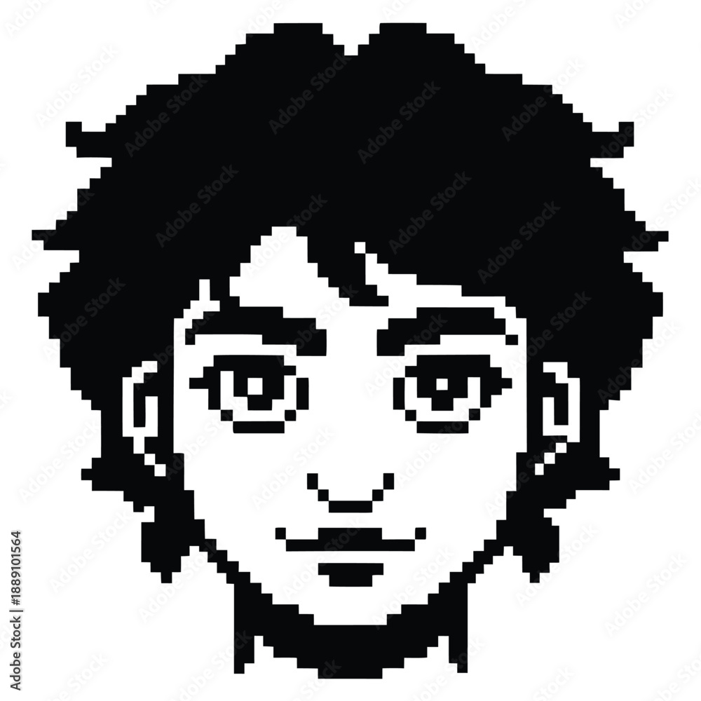 Fototapeta premium Pixel Art 1-Bit Young Man with Thick Curly Hair Avatar