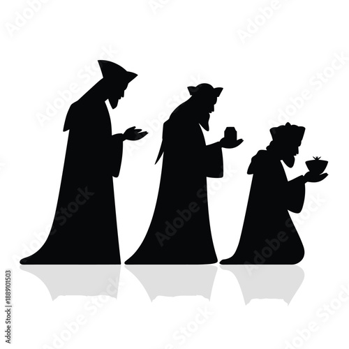 Silhouettes of three wise men presenting gifts with reflections below
