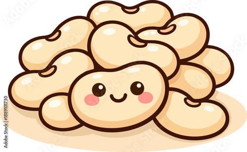 Cute kawaii white beans with smiling faces and rosy cheeks. Simple flat cartoon style with thick outlines and soft colors. Playful vector illustration perfect for food and healthy eating designs.