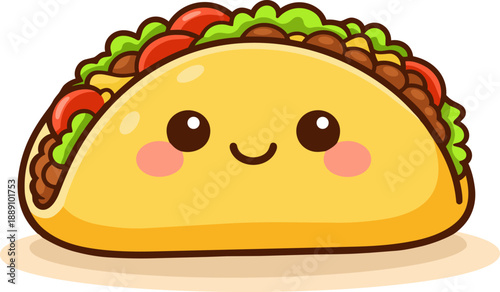 Cute kawaii taco with smiling face and colorful filling. Mexican food illustration in flat cartoon style with thick outlines and bright colors.