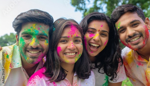 Four smiling people with colored powder on happy holi with their faces pose together in an outdoor setting with green foliage visible