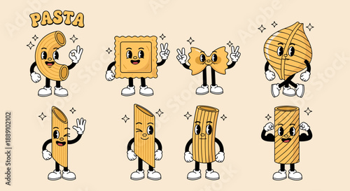 Retro Cartoon Pasta Characters Pose with Style: Playful food mascots in vintage comic style, perfect for restaurant menus, kids education, branding, creative designs, and culinary.