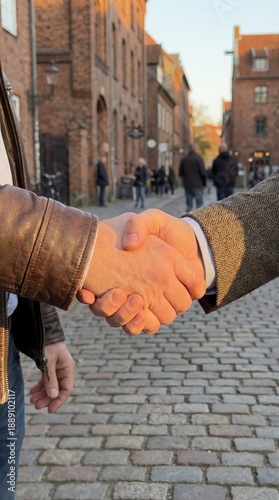 Two individuals shake hands...