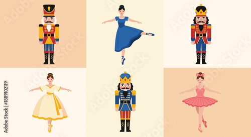 Nutcracker Ballet Characters Illustration Showcase of Toy Soldiers and Ballerinas Dancing in a Festive Performance with Traditional Christmas Decorations and Holiday Season Spirit