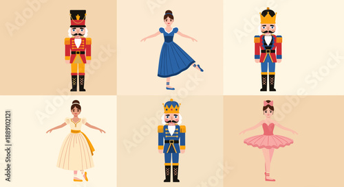 Nutcracker Ballet Dancers Illustration Set Featuring Leaded Soldiers, Sugar Plum Fairies, and Classical Characters Dancing on a Beige Background for Holiday Greetings, Events,.