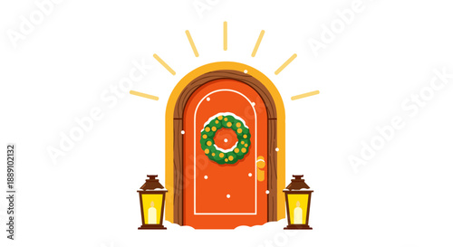 Festive holiday door adorned with a wreath welcomes visitors into a warm home with glowing lanterns amidst the winter snow, representing the christmas season and traditional family.