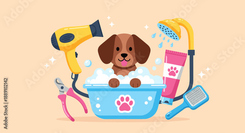 Adorable puppy taking a bath with grooming products like shampoo and shower, with a hair dryer, enjoying a spa day, feeling pampered in a pet care cartoon illustration for veterina.